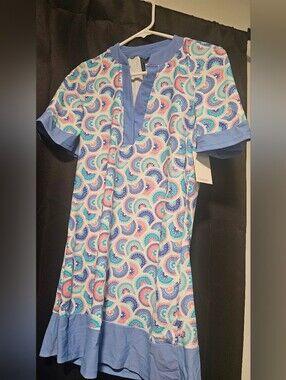 Blue Multi Swim Coverup Dress with Short Sleeves